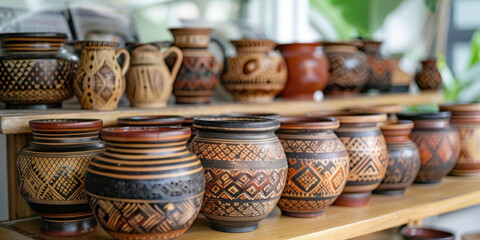 Shelf display of various handmade pottery pieces with intricate designs, showcasing craftsmanship and artistry.