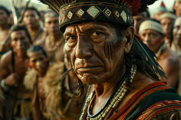 Obraz premium a man with a feather headdress and a large group of people
