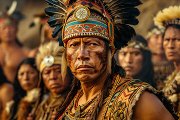 Fototapeta premium a man with a feather headdress and a lot of other people