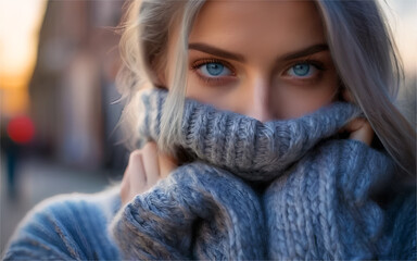 Closeup face of young woman with blue eyes wearing gray sweater 