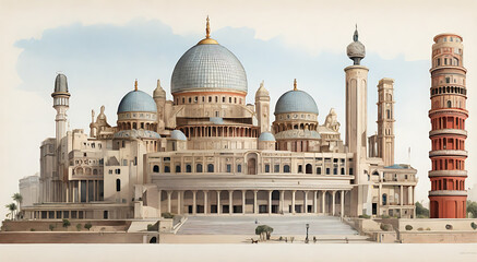 Obraz premium Detailed illustrations of architectural marvels from around the world, emphasizing their unique designs and historical significance 