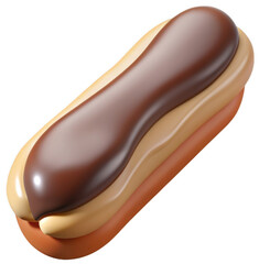 Obraz premium A delightful 3D illustration of an eclair topped with chocolate icing, ideal for dessert icons, bakery menus, and playful design projects.