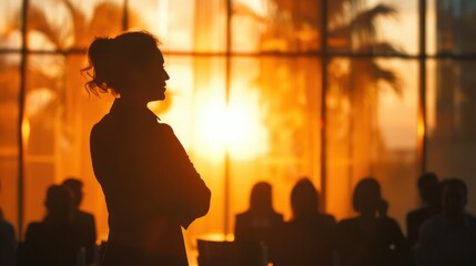 Silhouette of a confident female leader addressing a diverse team in a bright office setting, showcasing leadership and empowerment, with copy space, no noise
