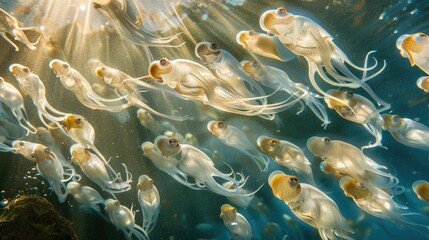 photograph of a school of tiny squid darting through the water, their translucent bodies shimmering in the sunlight
