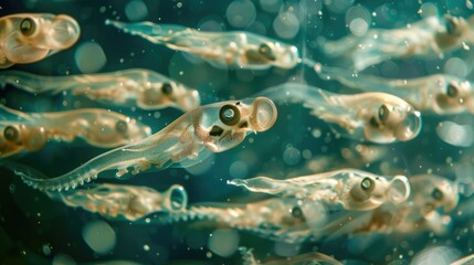 photograph of a school of tiny squid darting through the water, their translucent bodies shimmering in the sunlight