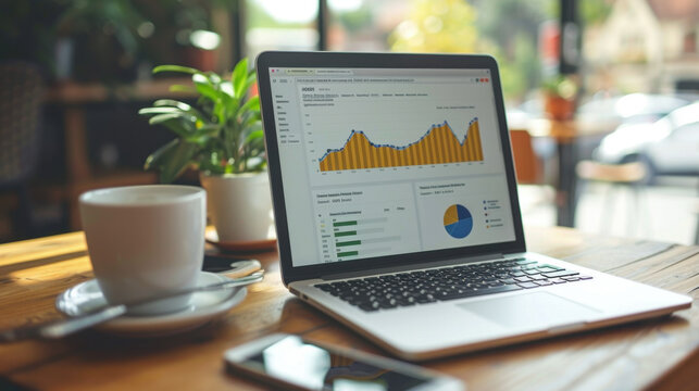 Open laptop displaying business analytics graphs on a wooden table in a cozy cafe with a coffee cup nearby.