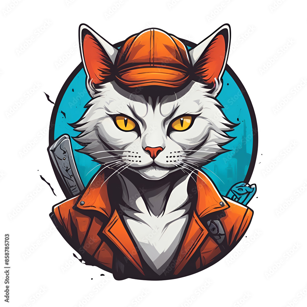 Sticker A cat wearing a hat and a jacket with a knife in its paw