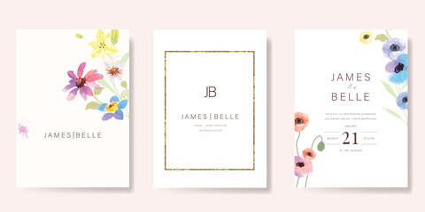 sweet elegant pink botanical Wedding Invitation, floral invite thank you, rsvp modern card Design in leaf and flower water color texture decorative Vector elegant rustic template