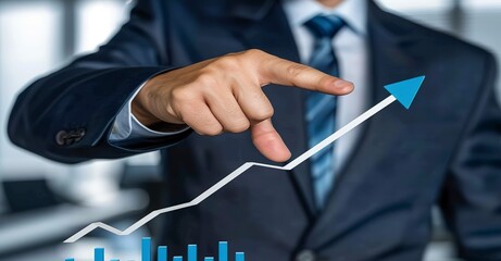 Businessman Pointing at Upward Graph Line, Concept of Financial Growth and Success, Business Strategy and Market Analysis, Symbol of Corporate Progress and Investment Growth.Text copy space, wallpaper