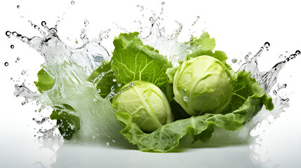 Green Cabbages with Fresh Lettuce and Splashing Water Droplets