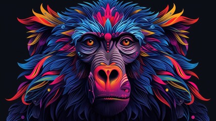 Fototapeta premium Vibrant and Colorful Digital Art of a Majestic Baboon with Intricate Feather-like Patterns