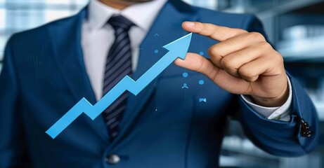 Businessman Pointing at Upward Graph Line, Concept of Financial Growth and Success, Business Strategy and Market Analysis, Symbol of Corporate Progress and Investment Growth.Text copy space, wallpaper