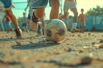 Brazilians playing soccer on a dirt field,