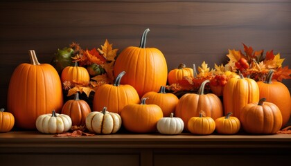 A variety of pumpkins and gourds of various sizes sit on a wooden table against a brown background.