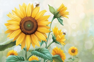 Fototapeta premium Isolated vector illustration of a blooming sunflower with spring bees on a white background, fresh and vibrant 