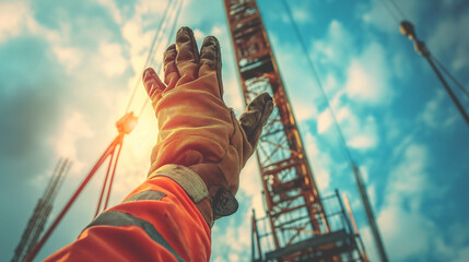 Rigger wearing protective aids standing using a hand signal by moving to directing communication with crane driver to move the boom up at construction site.