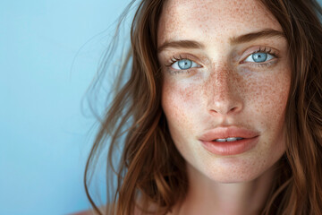 Fototapeta premium a woman with freckles on her face and blue eyes