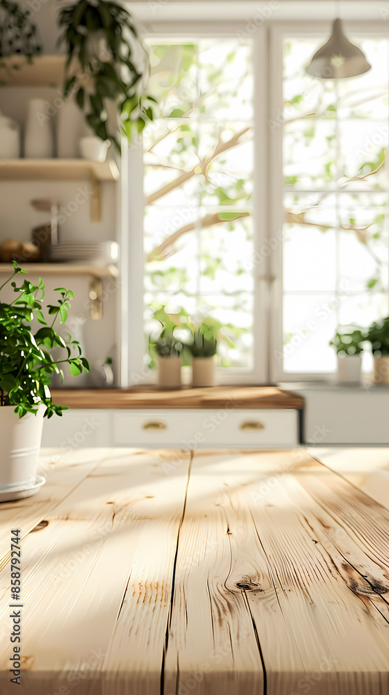 Wall mural Blurred background of empty wooden table in the kitchen