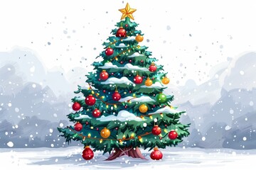 Fototapeta premium Isolated vector illustration of a decorated Christmas tree with ornaments, lights, and a star on top, with snow at its base on a white background, festive and colorful