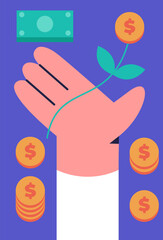 Green investments. Business concept for investment and finance growth. Plant with coin with hand. Environmental social and corporate governance. Flat vector illustration.