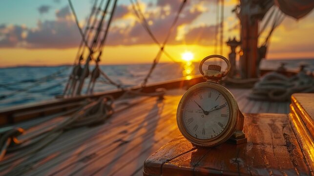 Marine chronometer on a wooden ship's deck during a sunset voyage