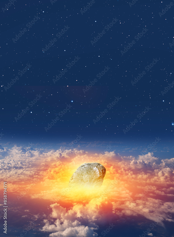 Poster Attack of the asteroid (meteor) with shock wave on the Earth 