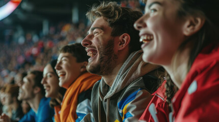 A group of enthusiastic fans cheering and enjoying a live sports event in a crowded stadium.