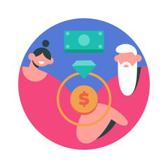 Marriage of convenience with old man and young girl. Political marriage, financial motivation, old rich husband, wedding rings, dollar banknotes. Flat vector illustration.