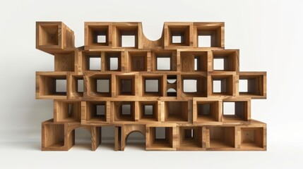 A wooden shelf with interlocking geometric cubes offering a playful and creative storage option.