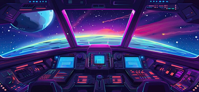 A space racer's cockpit with a view of the cosmos, first-person perspective, awe, Cartoon Vector Illustration--c 5