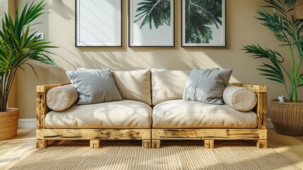 Fototapeta premium Modern living room in beige colors with comfy couch and wooden furniture 