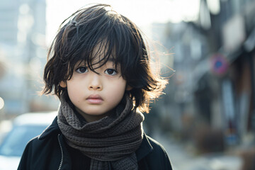 Obraz premium a young boy with a scarf on standing in the street