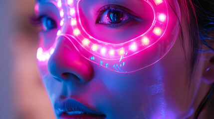 Close-up of a woman's face with a glowing neon light mask, showcasing futuristic and technological aesthetics.