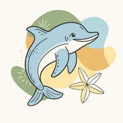 Happy Cartoon Dolphin with Starfish