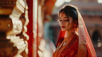 Young indian bride wearing red traditional saree