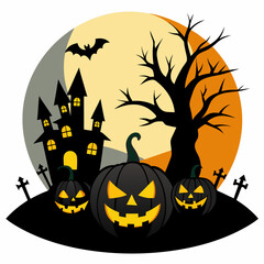 Spooky Halloween pumpkin with bats vector illustration 