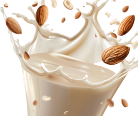 Ambulance milk splashes with almond nuts isolated on white background,