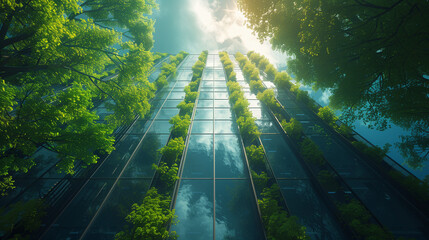 Fototapeta premium Illustrate a sustainable business environment with eco-friendly practices, renewable energy, green architecture, and environmentally conscious office spaces.