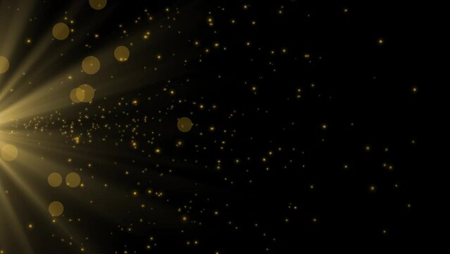 Spotlight Glitter Golden Rain flying particles Gold Empty light light spot flashing award party stage background. Party celebration striped. rays Birthday, Anniversary, new year, event, Christmas