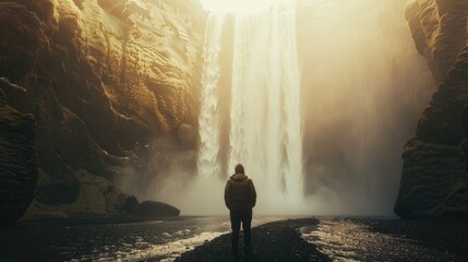 Fototapeta premium An elated traveler stands at the base of a towering waterfall, their face illuminated by the sunlight filtering through the cascading water, their joy evident as they take in the grandeur of the