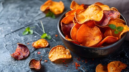Vibrant Vegetable Chips on Dark Rustic Background