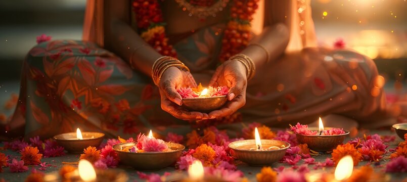 A girl holding a diya lamp, for the Diwali festival. Close-up. Diwali, Gudi Padwa, Ugadi. A wedding. With copy space. Religion and culture