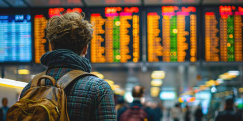 A traveler with a backpack looks at an airport departure board, contemplating flight schedules and destinations.