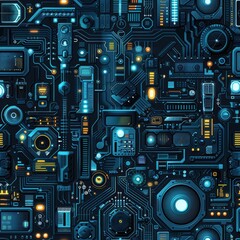 Fototapeta premium A blue and yellow image of electronic components. The image is a representation of the inner workings of a computer or other electronic device