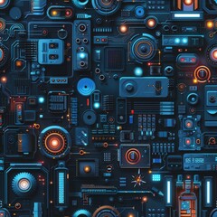 Fototapeta premium A computer chip with many small lights on it. The lights are in different colors and sizes. The image has a futuristic and technological feel to it