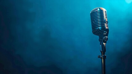Against a blue background, a professional microphone is featured in a recording studio banner, highlighting its role in audio recording.