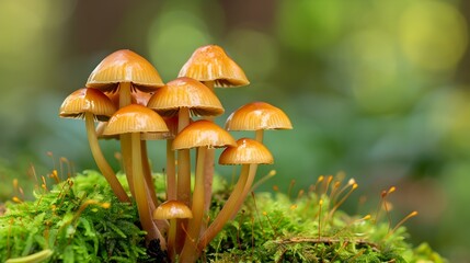 Fototapeta premium Cluster of Intricate Mushrooms Growing on Mossy Forest Floor