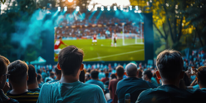 A crowd of people watching a live outdoor soccer match on a big screen, enjoying the event together.