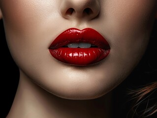 Fototapeta premium Close-up of woman's face with bold red lips and perfect makeup. High-fashion, glamour, and beauty concept photo with sensual allure.