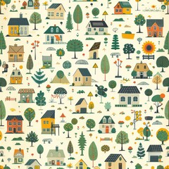 Fototapeta premium A colorful and detailed drawing of a neighborhood with many houses and trees. The houses are of various sizes and styles, and the trees are scattered throughout the scene. Scene is cheerful and lively